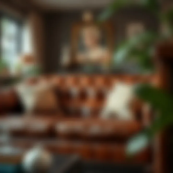 A well-maintained leather couch with decorative cushions