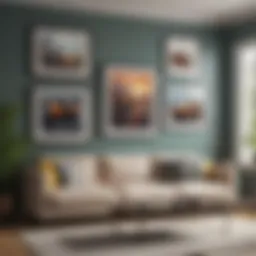 A beautifully arranged gallery wall featuring various art styles and colors in a modern living room.