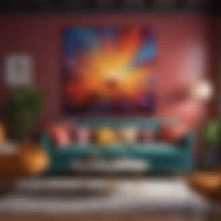A vibrant color palette reflected through various artwork styles in a cozy living room