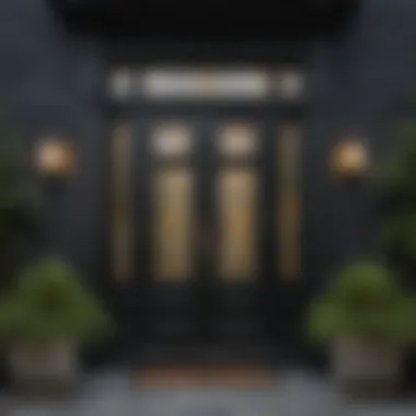 An elegant black front door with gold accents, showcasing sophistication and timeless style.