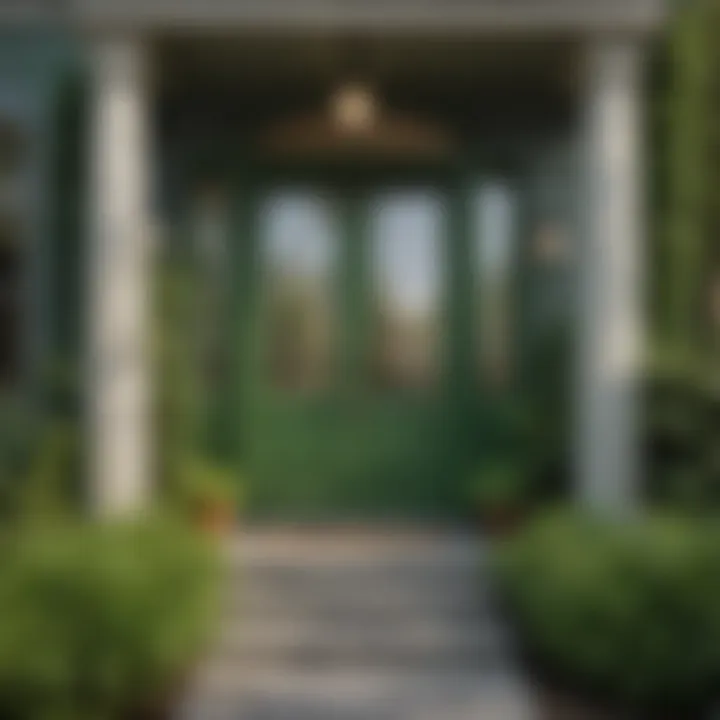 A serene green front door surrounded by lush greenery, evoking a sense of tranquility.