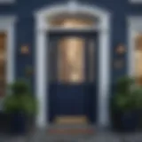 A stunning front door painted in a rich navy color, enhancing the home's curb appeal.