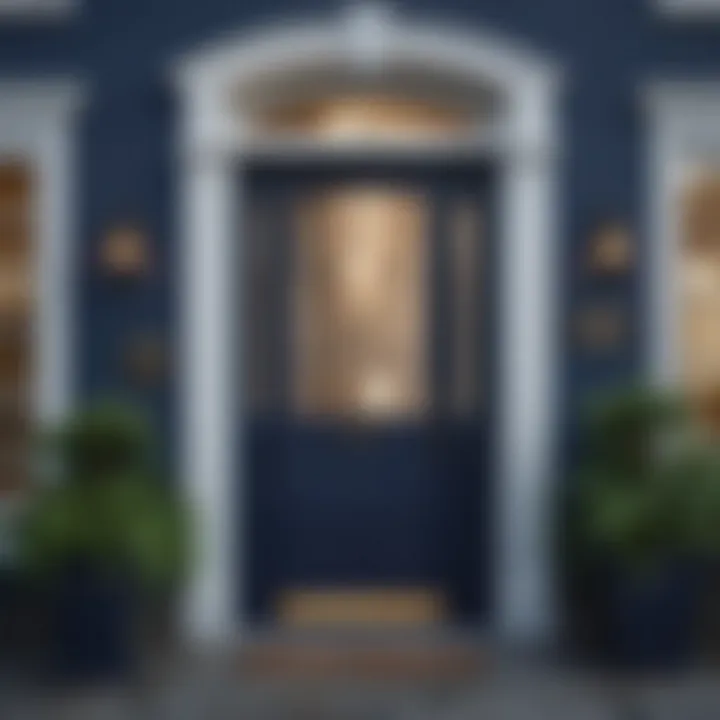 A stunning front door painted in a rich navy color, enhancing the home's curb appeal.