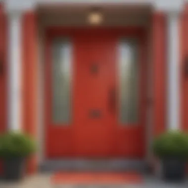 A vibrant red front door set against a neutral facade, symbolizing warmth and welcome.