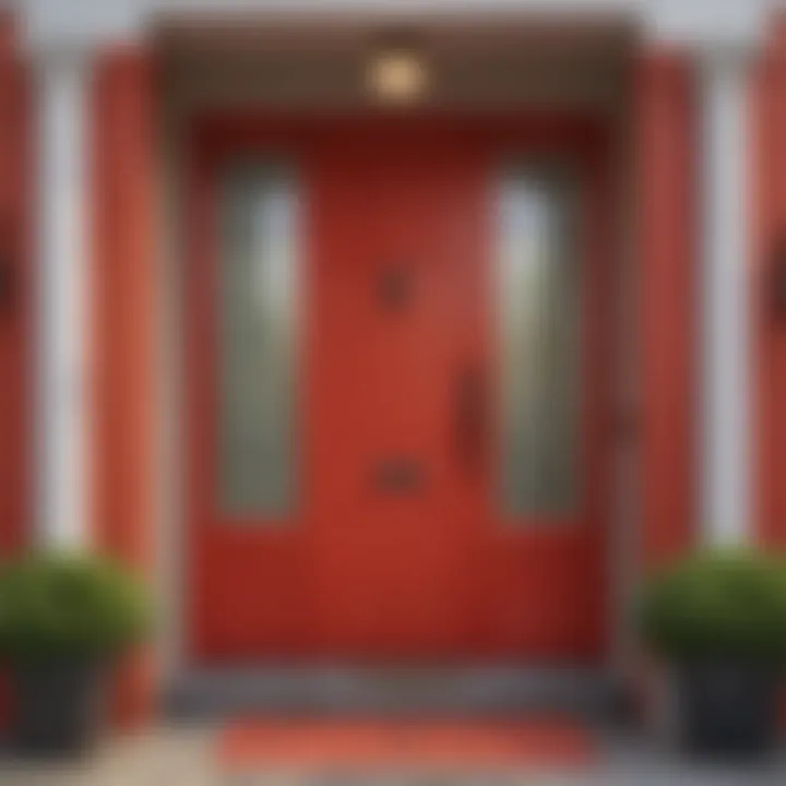 A vibrant red front door set against a neutral facade, symbolizing warmth and welcome.