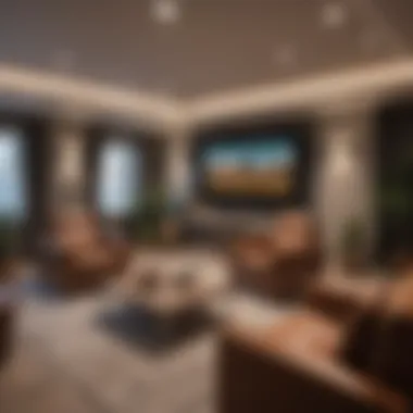 Modern basement entertainment area with a media console and comfortable chairs