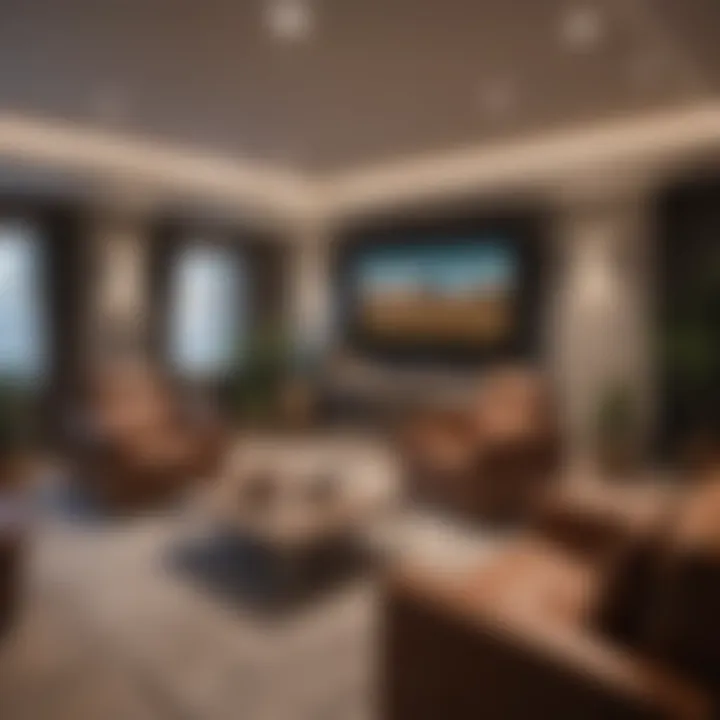 Modern basement entertainment area with a media console and comfortable chairs
