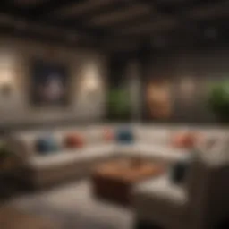 Stylish basement seating arrangement with cozy sofas and decorative pillows