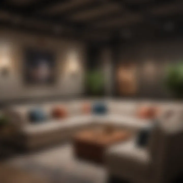 Stylish basement seating arrangement with cozy sofas and decorative pillows