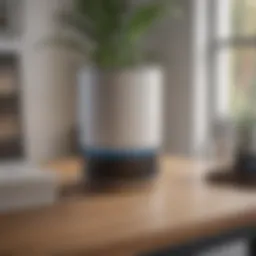 A sleek battery operated air purifier on a modern desk