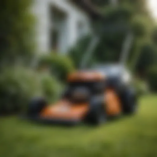 A sleek push mower in a well-maintained garden