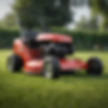 Close-up view of a classic push lawn mower on a green lawn