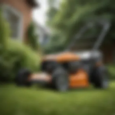 Electric lawn mower with grass clippings used in residential yard