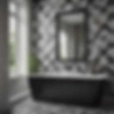 Stylish black and white bathroom with geometric tiles