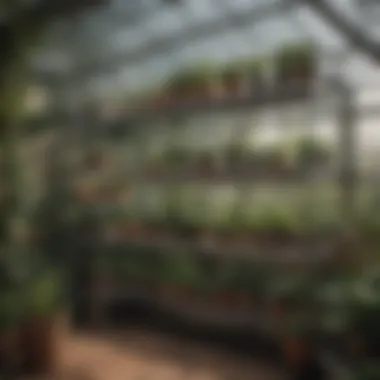 Assembled greenhouse shelving in use