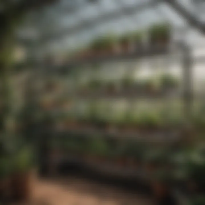 Assembled greenhouse shelving in use