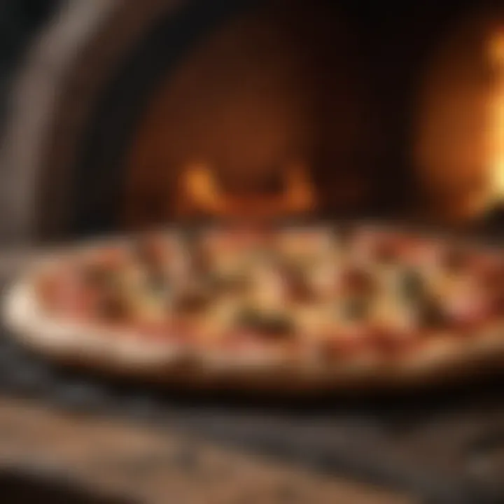 Close-up of a pizza baked in a wood-fired oven with a smoky aroma