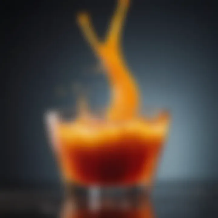 A close-up of freshly extracted juice in a glass with vibrant colors