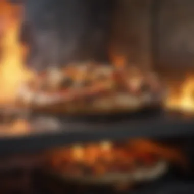 Close-up of Ooni pizza oven with flames and a pizza inside