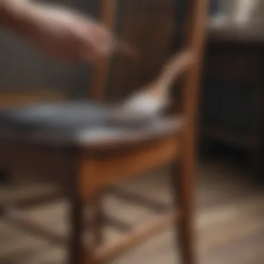 A brush applying paint to a wooden chair