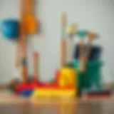 A variety of floor cleaning tools arranged neatly.