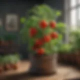 A thriving tomato plant surrounded by companion plants.