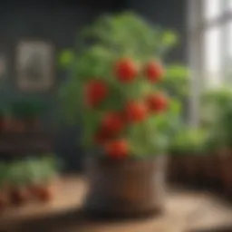 A thriving tomato plant surrounded by companion plants.