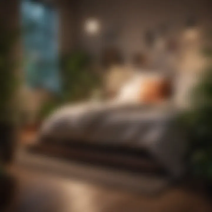 Cozy floor bedding nook surrounded by plants and soft lighting