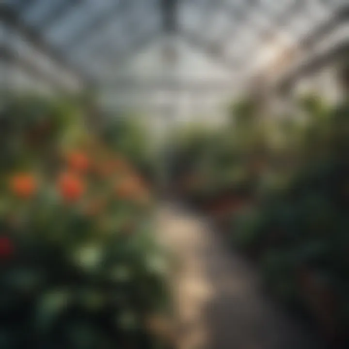 An interior view of a greenhouse showcasing various plant species thriving under optimal lighting.