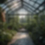 A beautifully designed modern greenhouse with a glass structure surrounded by lush greenery.