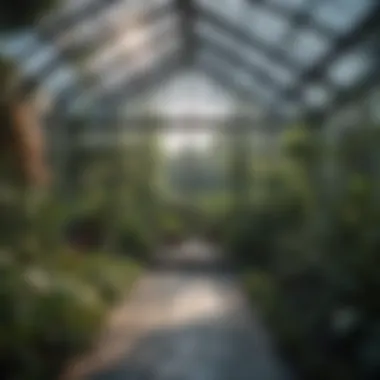 A beautifully designed modern greenhouse with a glass structure surrounded by lush greenery.