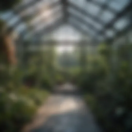 A beautifully designed modern greenhouse with a glass structure surrounded by lush greenery.