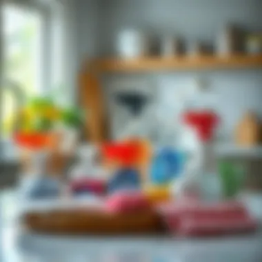 Essential cleaning supplies arranged for kitchen cleaning