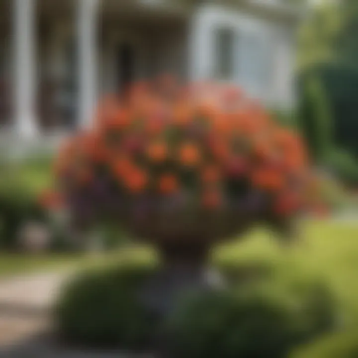 A vibrant array of flowers and shrubs in a well-maintained front yard