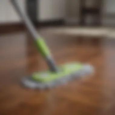 User demonstrating the effectiveness of a microfiber dust mop on hardwood floors