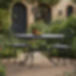 Elegant oval wrought iron patio table set in a lush garden