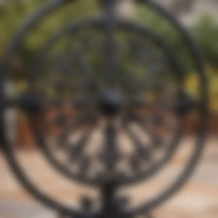 Close-up view of intricate wrought iron designs on a patio table