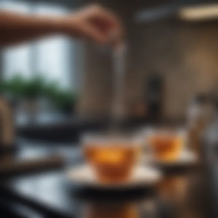 A KitchenAid electric tea kettle pouring water into a teacup