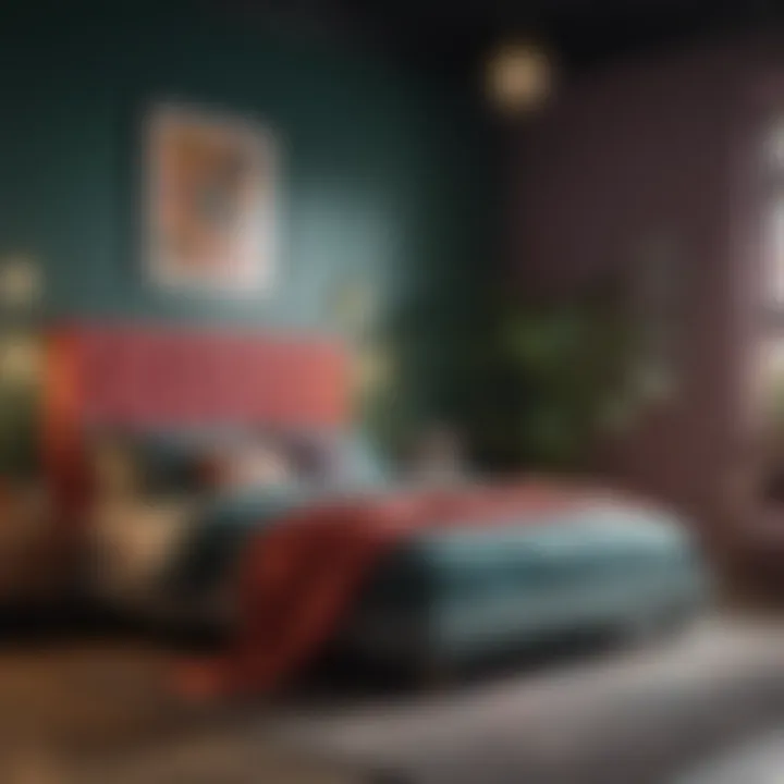 Colorful urban chic bedroom featuring eclectic decor