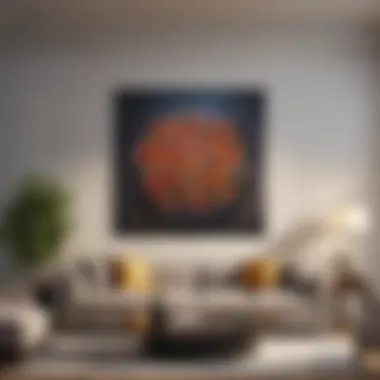 An upscale living room featuring a statement wall adorned with large-scale art pieces.
