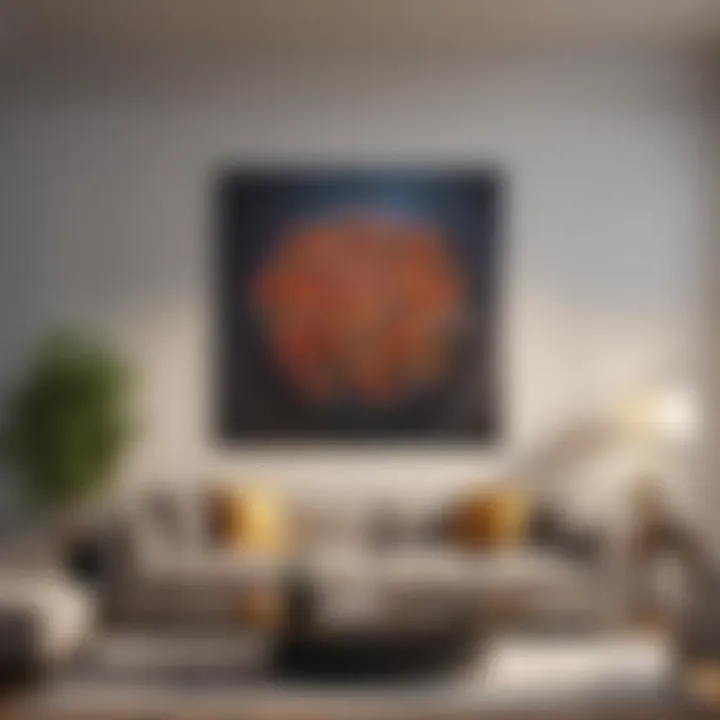 An upscale living room featuring a statement wall adorned with large-scale art pieces.