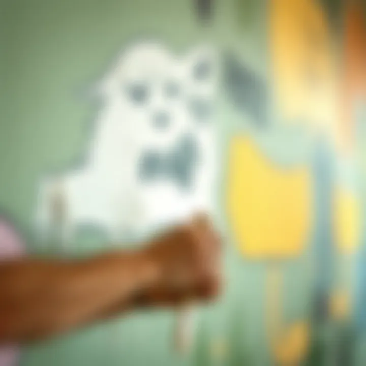 Close-up of mural application techniques with brushes