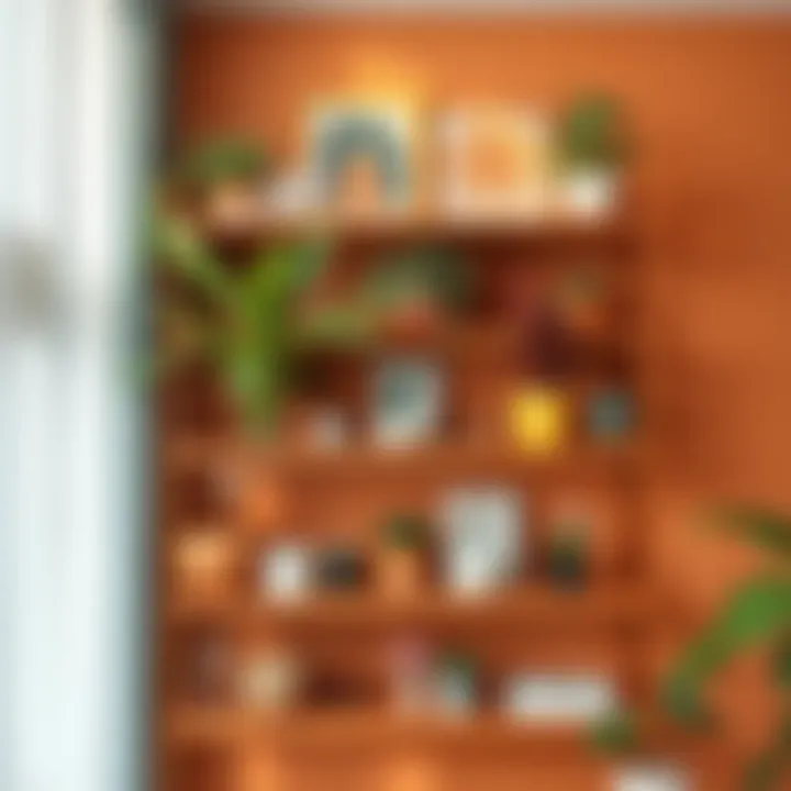 Colorful shelf display with plants and art pieces