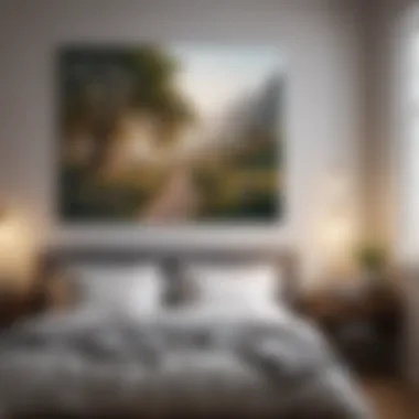 A calm color palette in a bedroom with landscape artwork