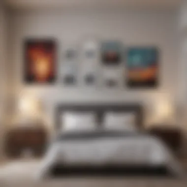 Elegant bedroom featuring a gallery wall of various art styles