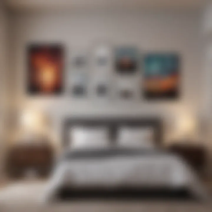 Elegant bedroom featuring a gallery wall of various art styles