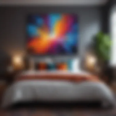 Close-up of a vibrant painting complemented by bedroom decor