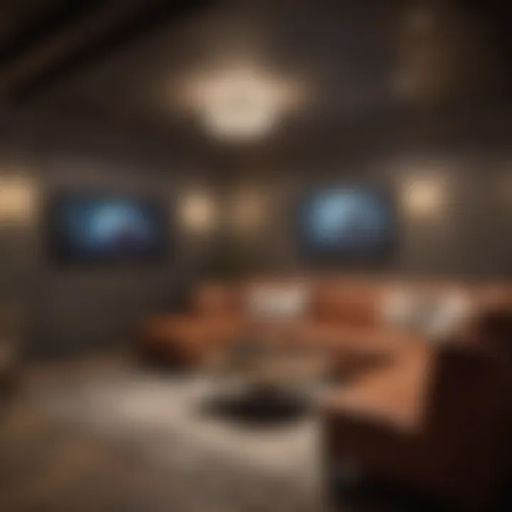 Elegant basement entertainment area with comfortable seating