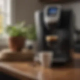 A clean Keurig coffee machine with a fresh cup of coffee next to it