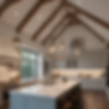 Elegant lighting fixtures enhancing a vaulted ceiling in a kitchen